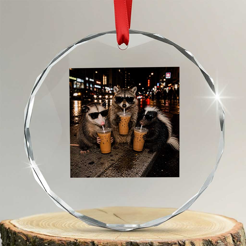 Funny Raccoon Skunk Possum Drinking Iced Coffee Crystal Glass Ornament Support Local Street Cats Retro Animal Meme