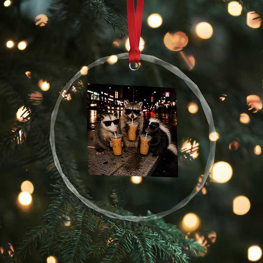 Funny Raccoon Skunk Possum Drinking Iced Coffee Crystal Glass Ornament Support Local Street Cats Retro Animal Meme