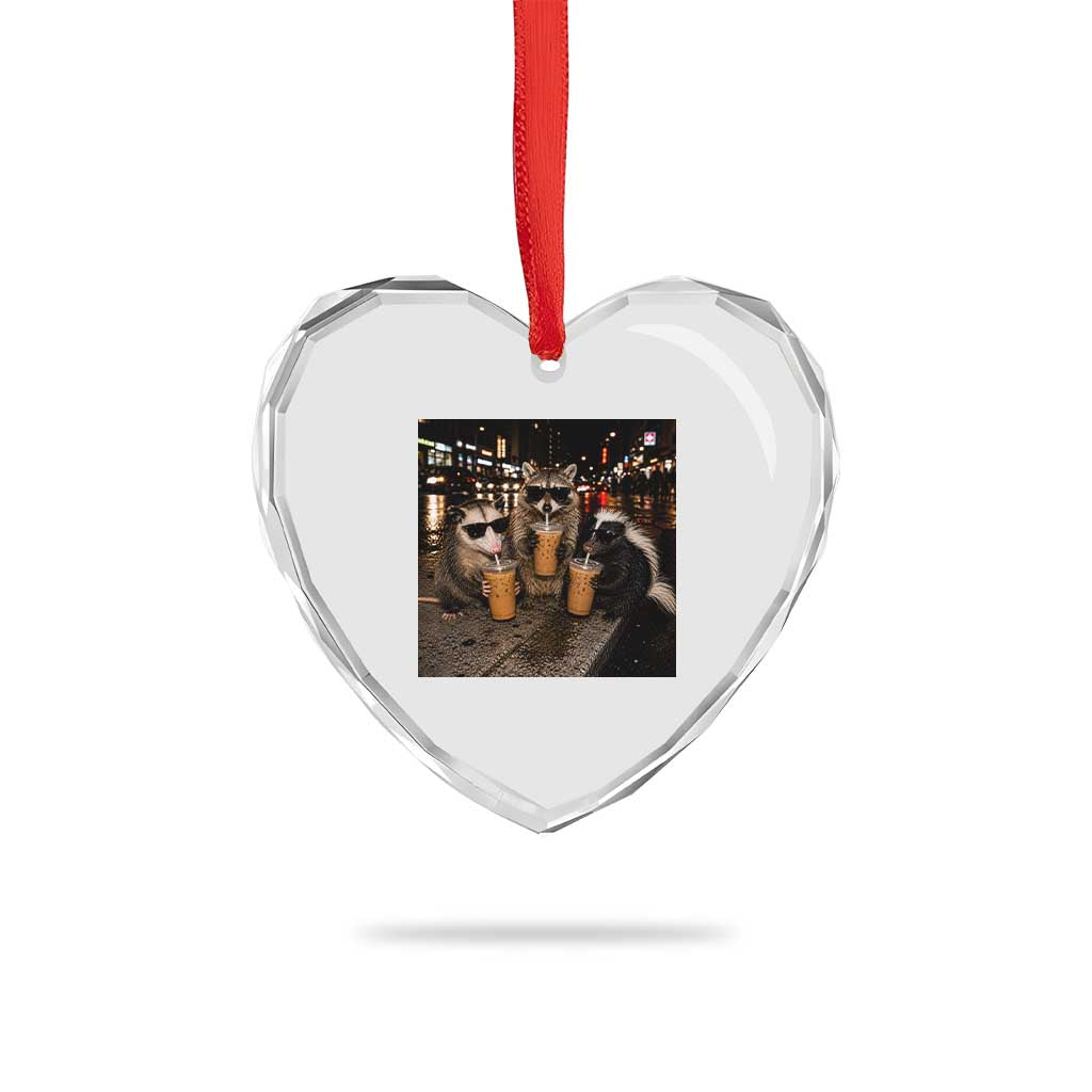 Funny Raccoon Skunk Possum Drinking Iced Coffee Heart Crystal Glass Ornament Support Local Street Cats Retro Animal Meme