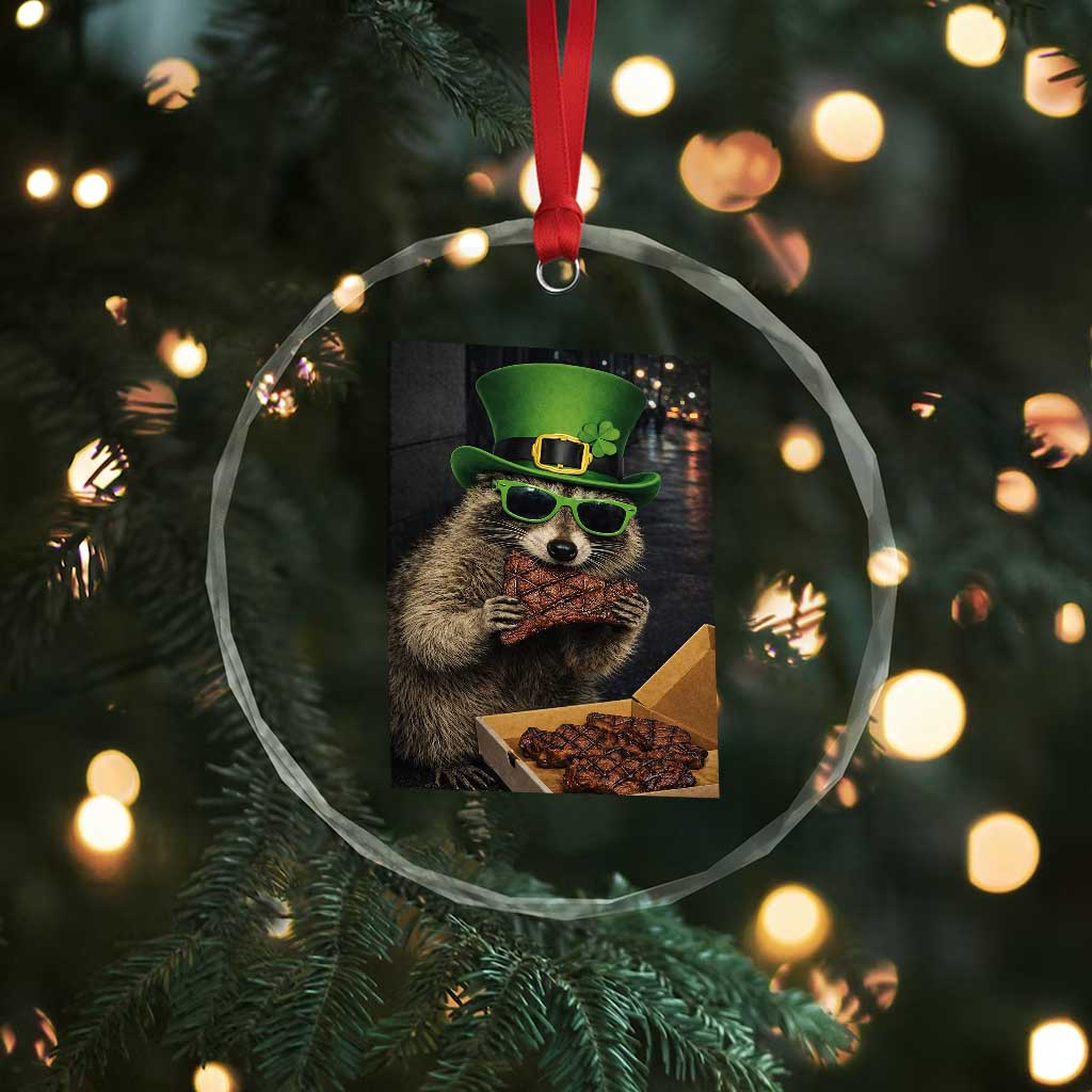 Funny Raccoon St Patrick's Day Crystal Glass Ornament Raccoon Eating Corned Beef Meme