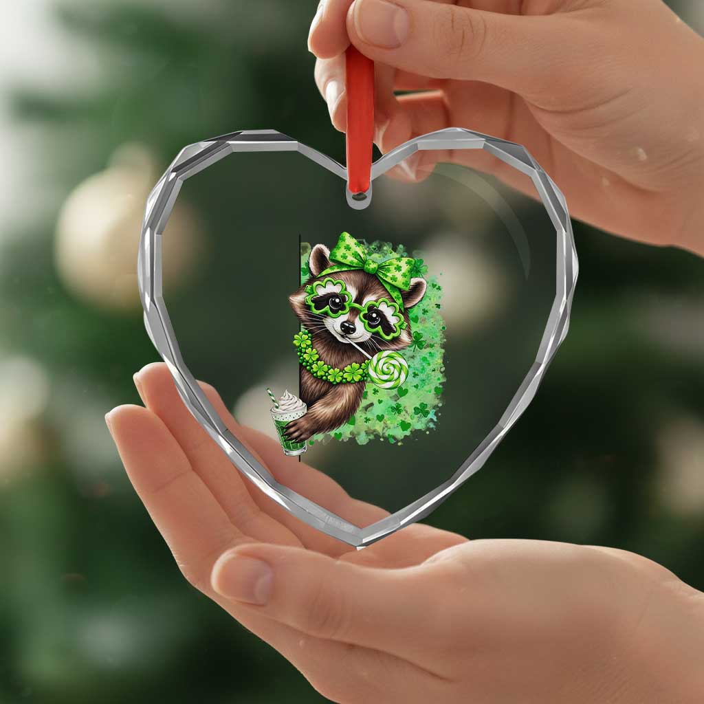 Funny Raccoon St Patricks Day Heart Crystal Glass Ornament Irish Party Animal Gift