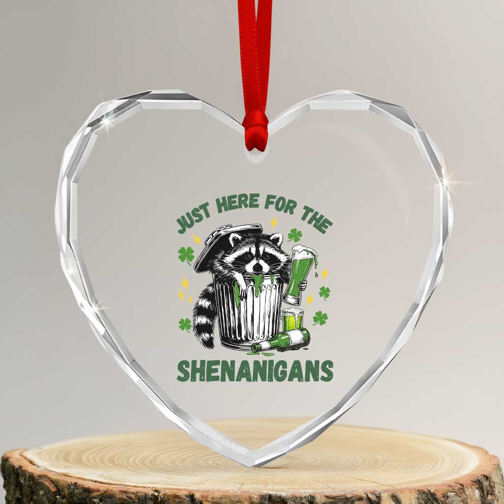 Funny Raccoon St Patricks Day Meme Heart Crystal Glass Ornament Trash Panda Just Here For The Shenanigans