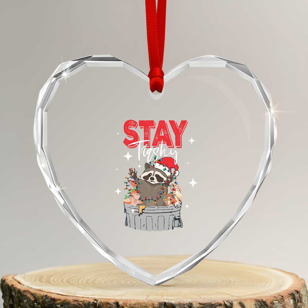 Funny Raccoon Xmas Heart Crystal Glass Ornament Stay Trashy Garbage Trashin Santa Hat - Wonder Print Shop