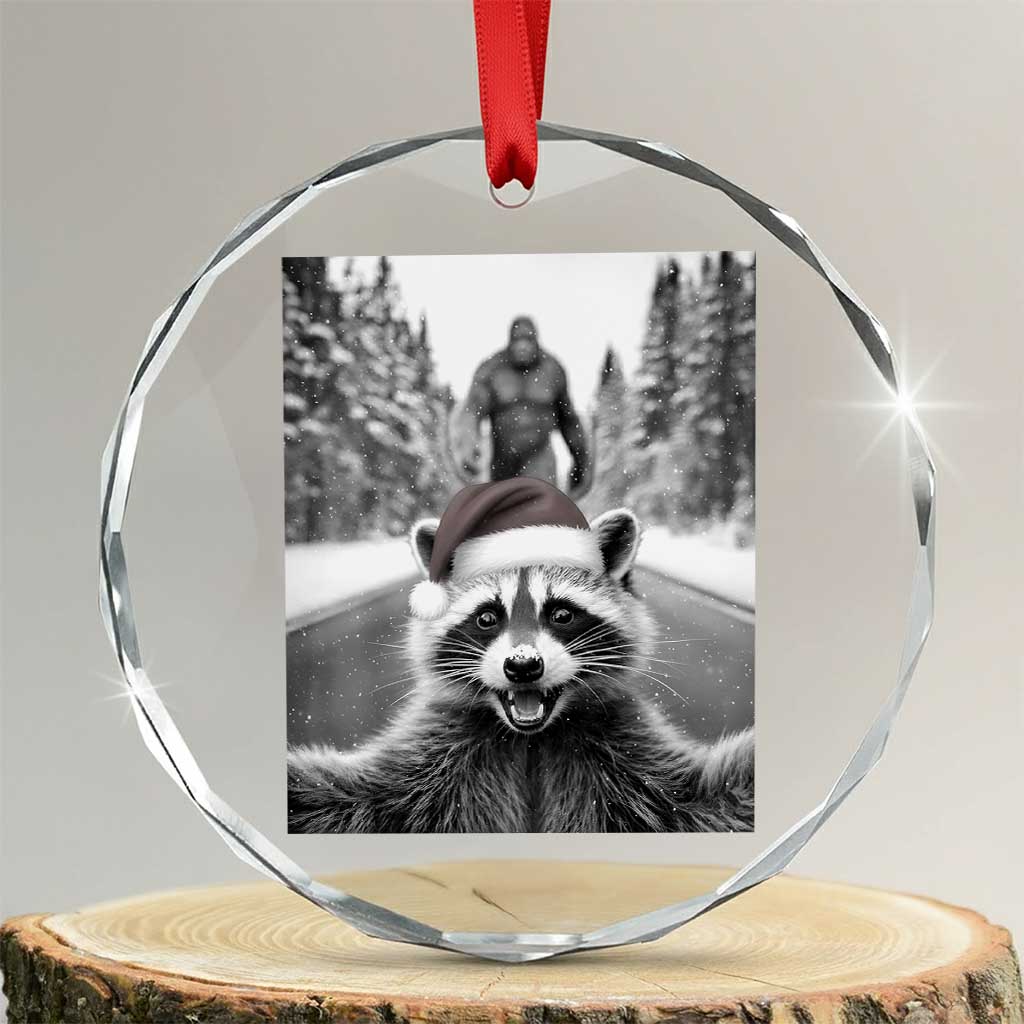 Funny Racoon With Bigfoot Selfie Christmas Crystal Glass Ornament - Wonder Print Shop