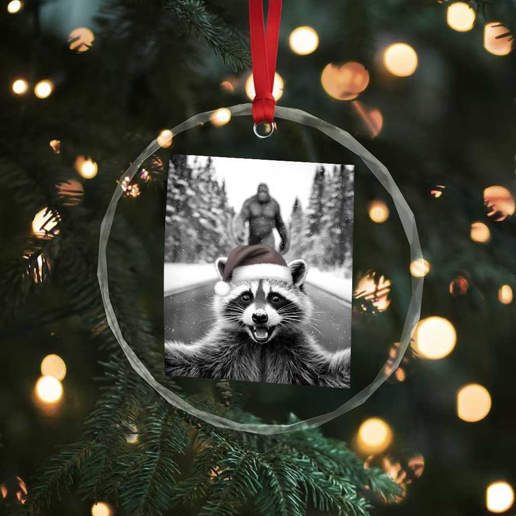 Funny Racoon With Bigfoot Selfie Christmas Crystal Glass Ornament - Wonder Print Shop