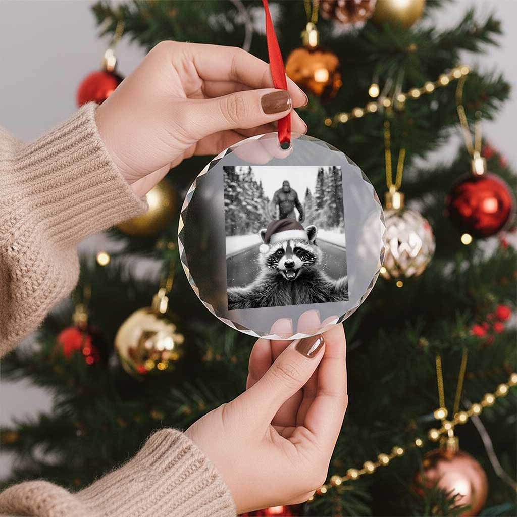 Funny Racoon With Bigfoot Selfie Christmas Crystal Glass Ornament - Wonder Print Shop