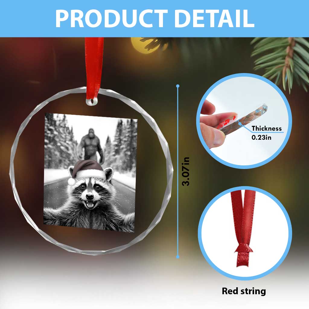 Funny Racoon With Bigfoot Selfie Christmas Crystal Glass Ornament - Wonder Print Shop
