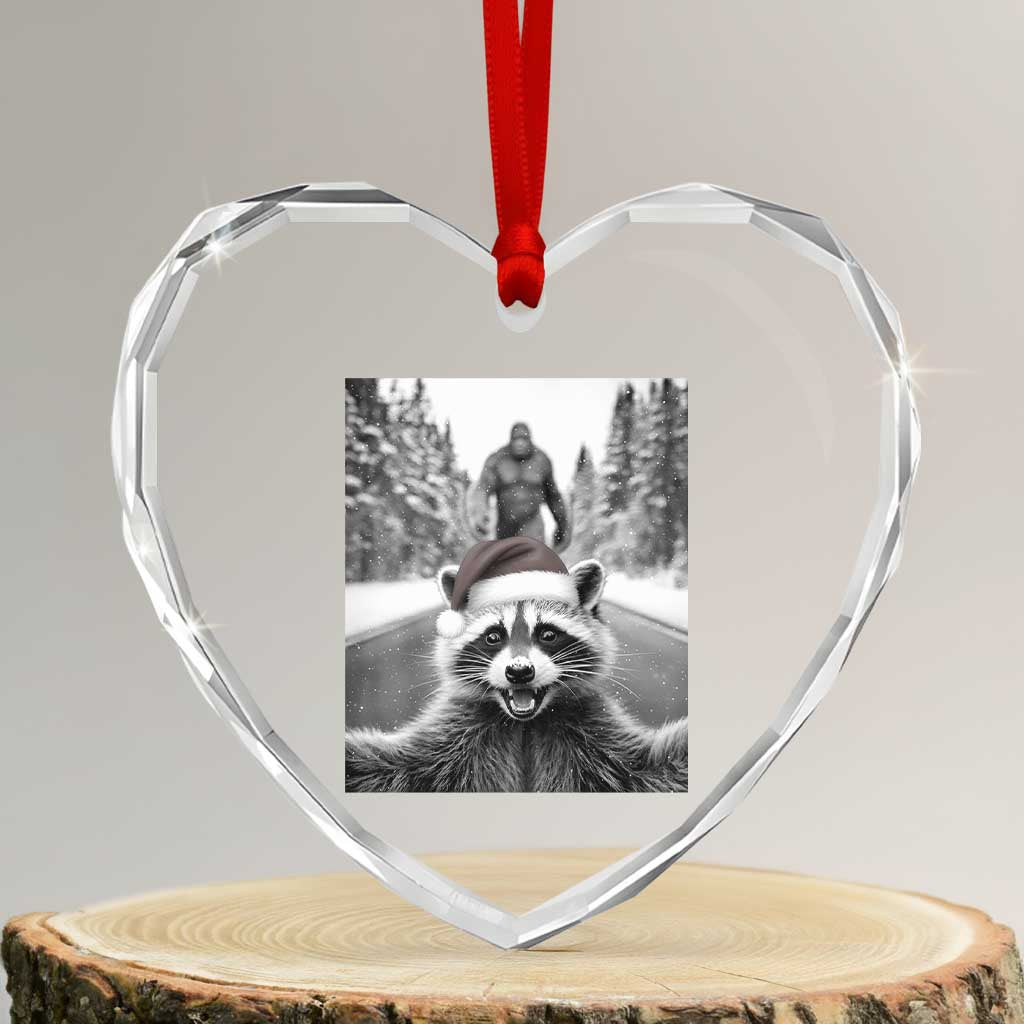 Funny Racoon With Bigfoot Selfie Christmas Heart Crystal Glass Ornament - Wonder Print Shop