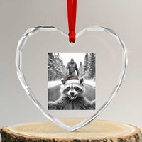 Funny Racoon With Bigfoot Selfie Christmas Heart Crystal Glass Ornament - Wonder Print Shop