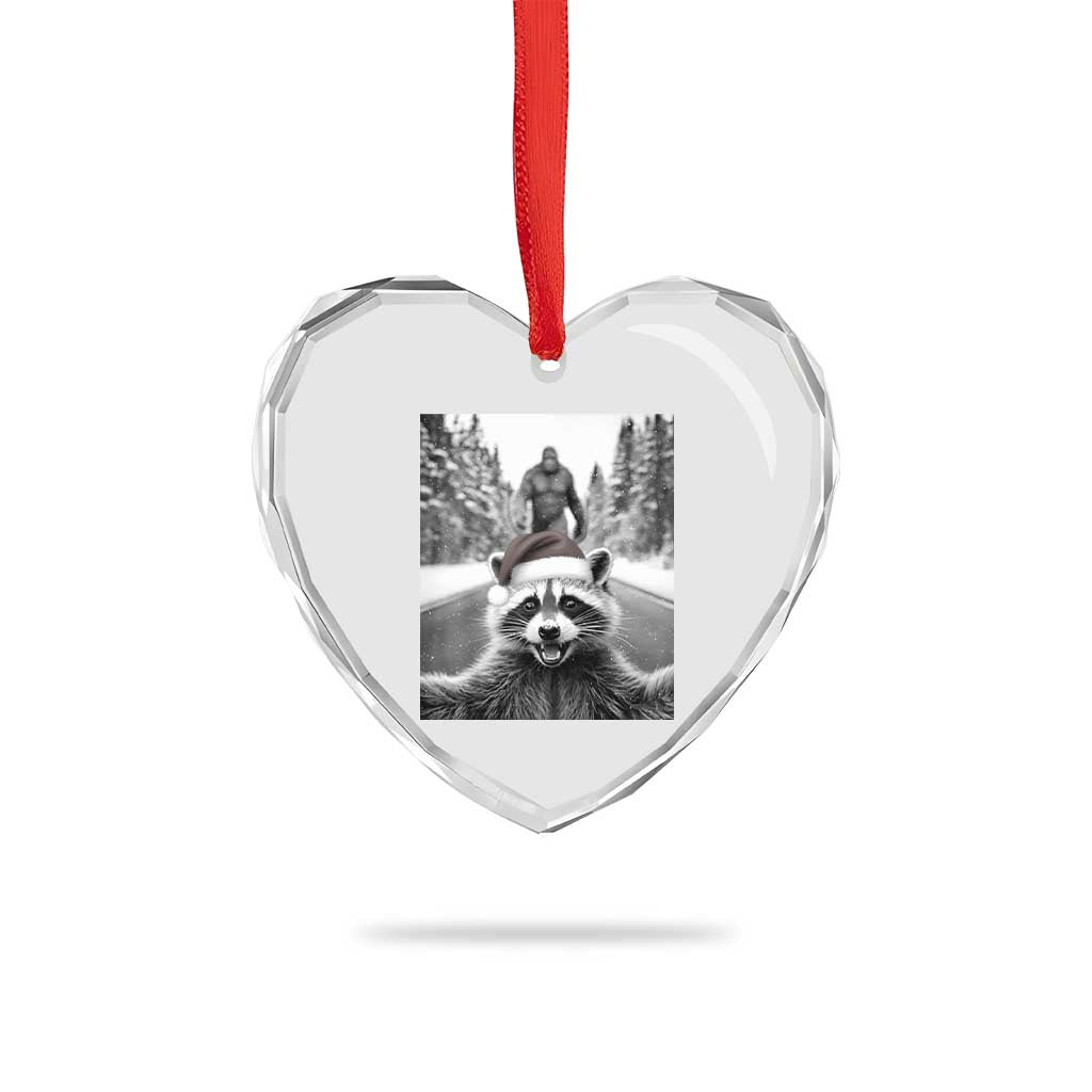 Funny Racoon With Bigfoot Selfie Christmas Heart Crystal Glass Ornament - Wonder Print Shop