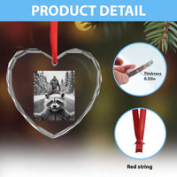Funny Racoon With Bigfoot Selfie Christmas Heart Crystal Glass Ornament - Wonder Print Shop