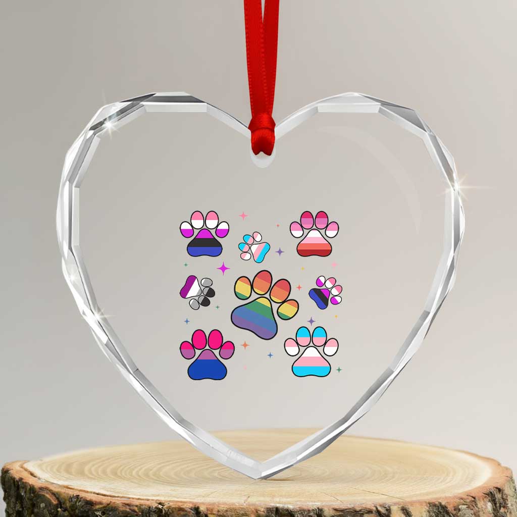 Funny Rainbow Paw Print Pride Heart Crystal Glass Ornament LGBTQ Pet Lover