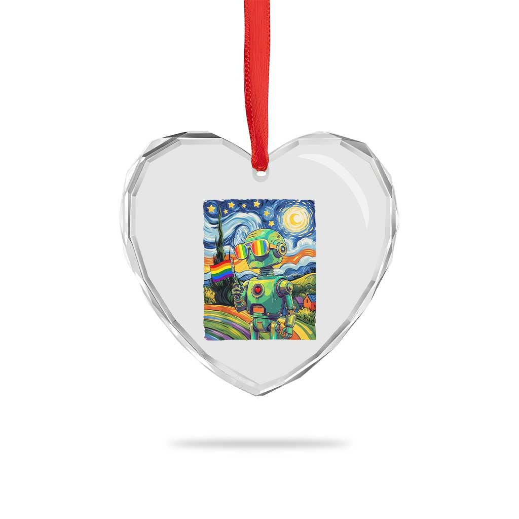Funny Rainbow Starry Night Robot Pride Heart Crystal Glass Ornament LGBTQ Geeky Gift