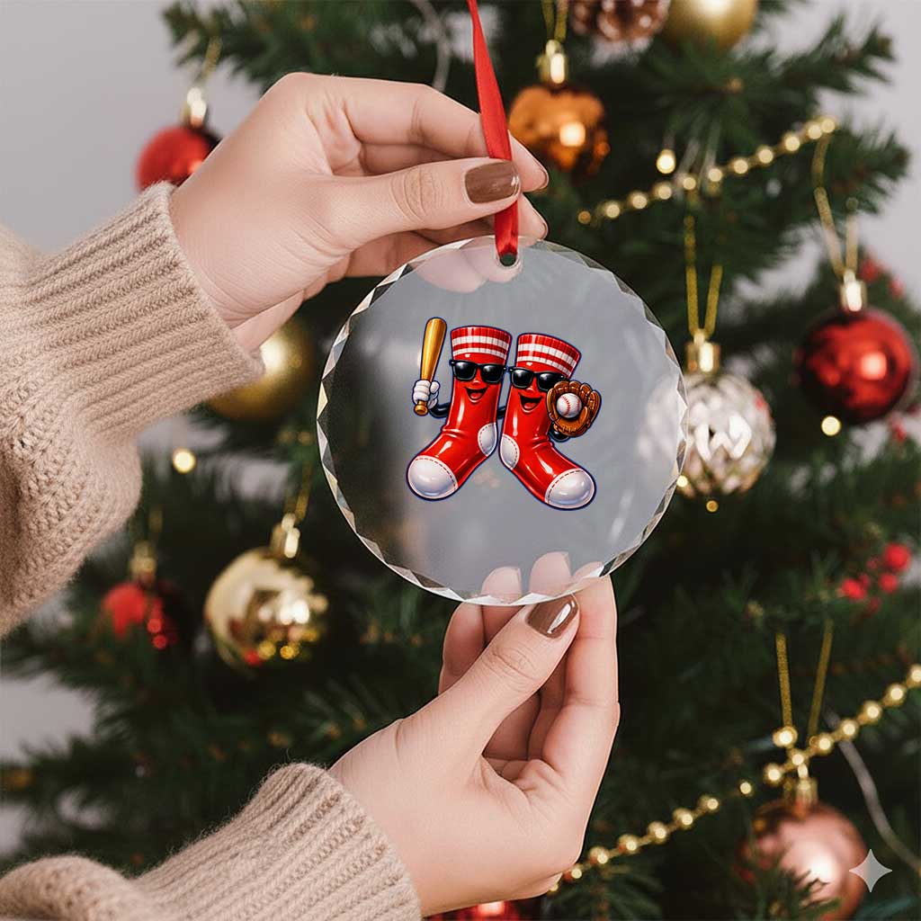 Funny Red Socks Playing Baseball Graphic Sport Game Day Crystal Glass Ornament