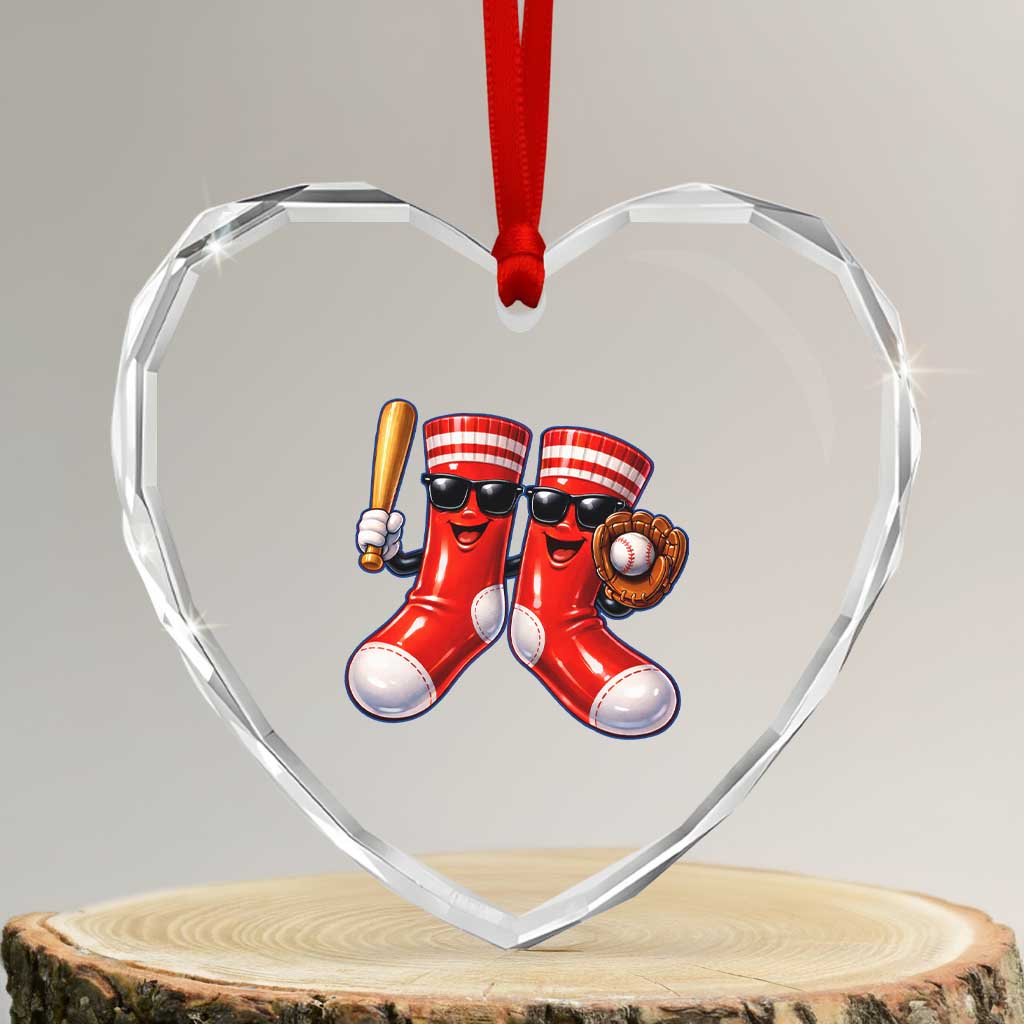 Funny Red Socks Playing Baseball Graphic Sport Game Day Heart Crystal Glass Ornament