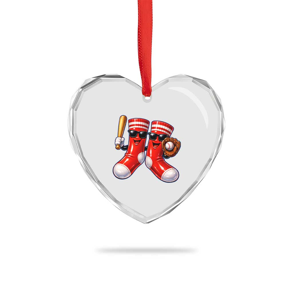 Funny Red Socks Playing Baseball Graphic Sport Game Day Heart Crystal Glass Ornament