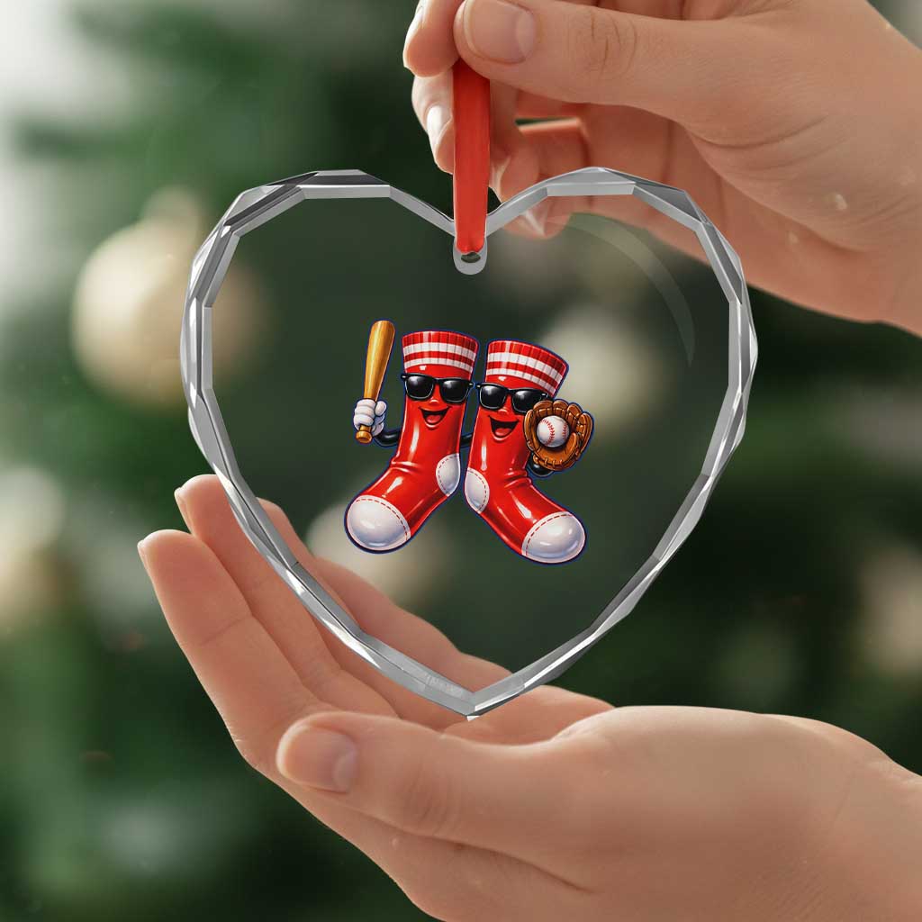 Funny Red Socks Playing Baseball Graphic Sport Game Day Heart Crystal Glass Ornament