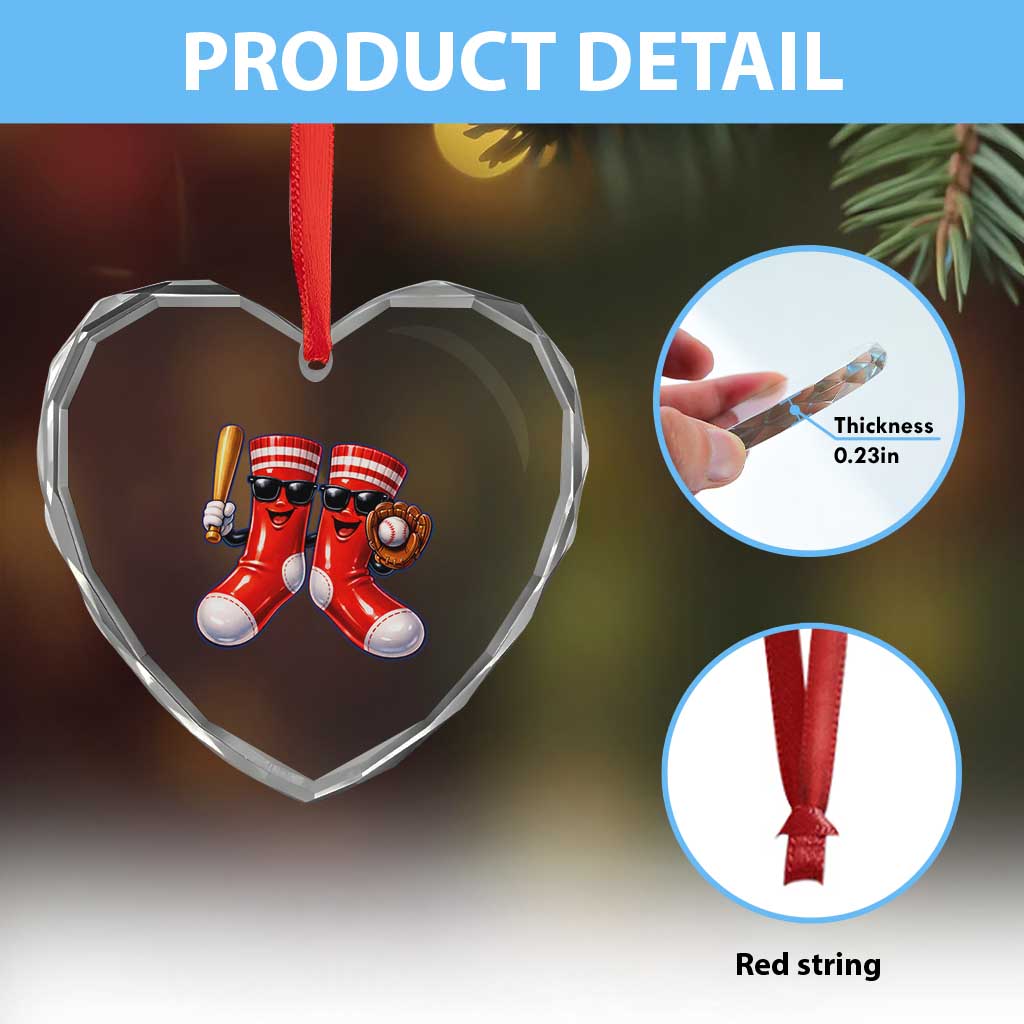 Funny Red Socks Playing Baseball Graphic Sport Game Day Heart Crystal Glass Ornament