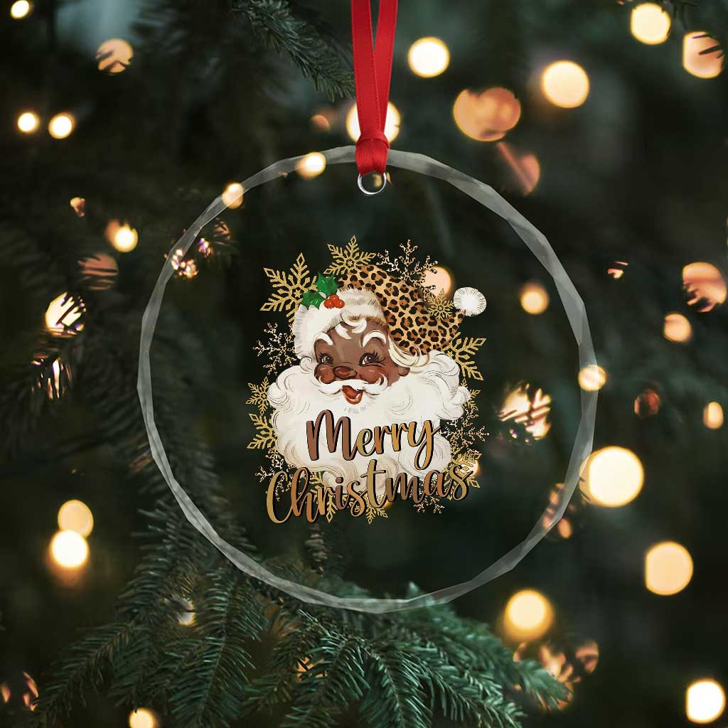 Funny Retro Black Santa Merry Christmas Leopard Crystal Glass Ornament - Wonder Print Shop