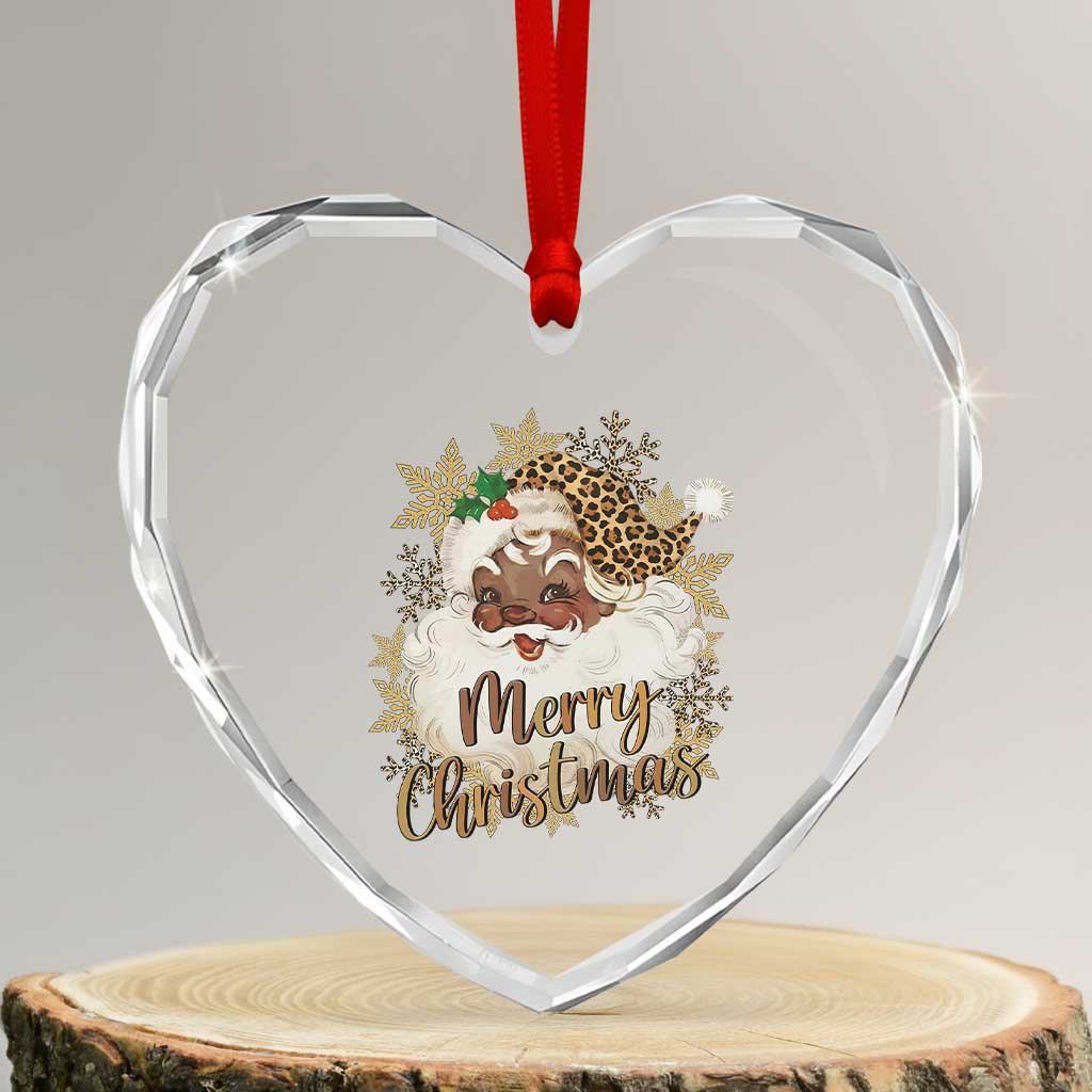 Funny Retro Black Santa Merry Christmas Leopard Heart Crystal Glass Ornament - Wonder Print Shop