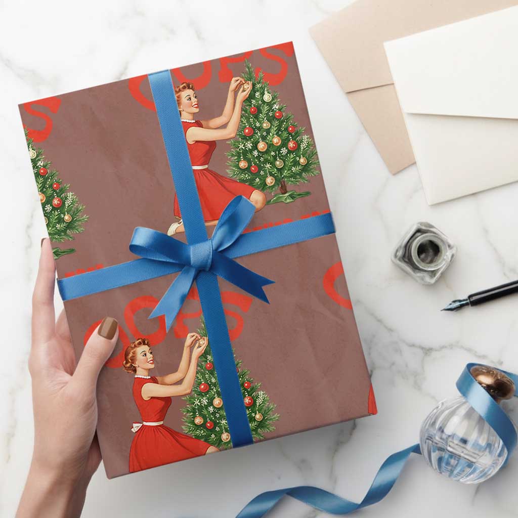 Funny Retro Christmas Pinup Girl Wrapping Paper Roll Oops I Got Another Tree Vintage Pin Up Style Holiday Humor - Wonder Print Shop
