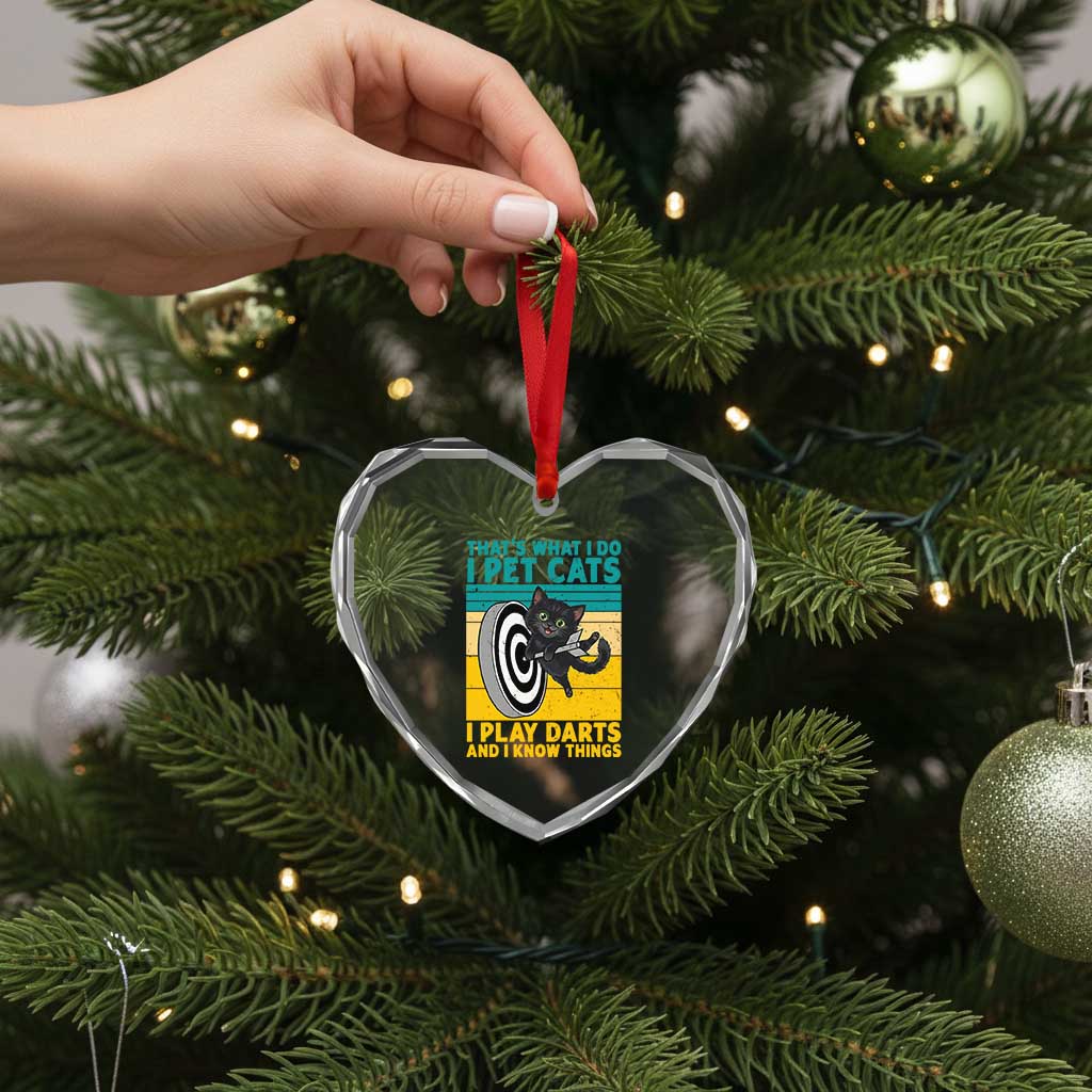 Funny Retro Sunset Cat Darts Heart Crystal Glass Ornament I Pet Cats I Play Darts And I Know Things - Wonder Print Shop