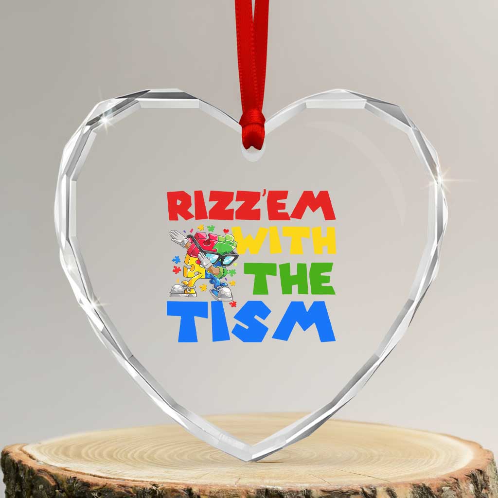 Funny Rizz Em With The Tism Heart Crystal Glass Ornament Autism Awareness Dabbing Puzzle