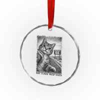 Funny Road Trip Cat Selfie with Highway 66 Crystal Glass Ornament Centennial 1926-2026 Historic Highway Humor