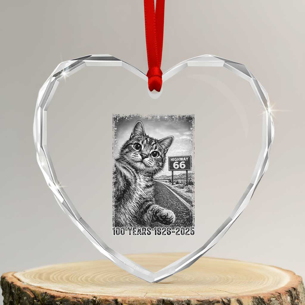Funny Road Trip Cat Selfie with Highway 66 Heart Crystal Glass Ornament Centennial 1926-2026 Historic Highway Humor