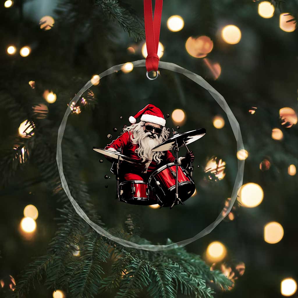 Funny Rock'n Roll Santa Claus Crystal Glass Ornament Cool Drummer Festive Christmas - Wonder Print Shop