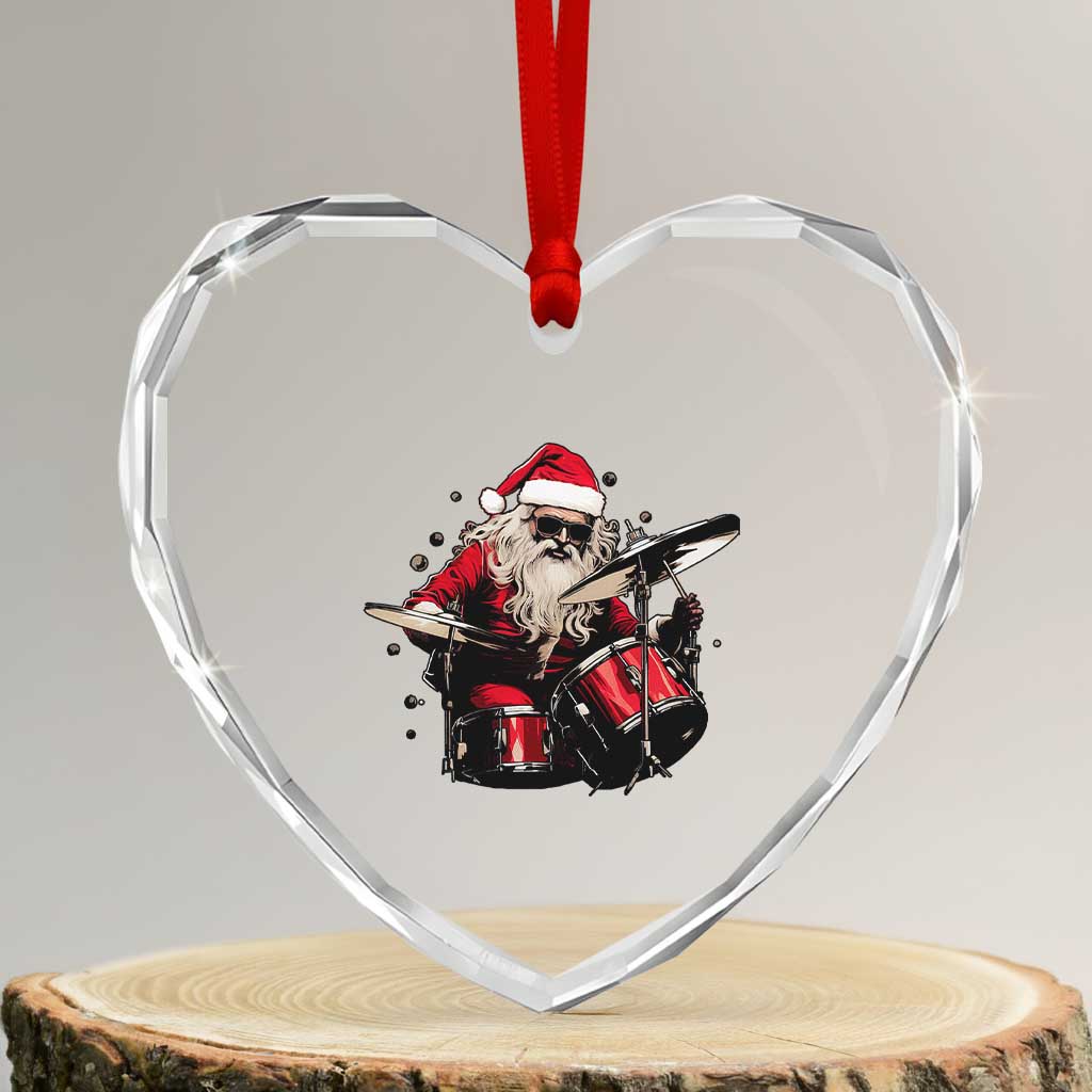 Funny Rock'n Roll Santa Claus Heart Crystal Glass Ornament Cool Drummer Festive Christmas - Wonder Print Shop