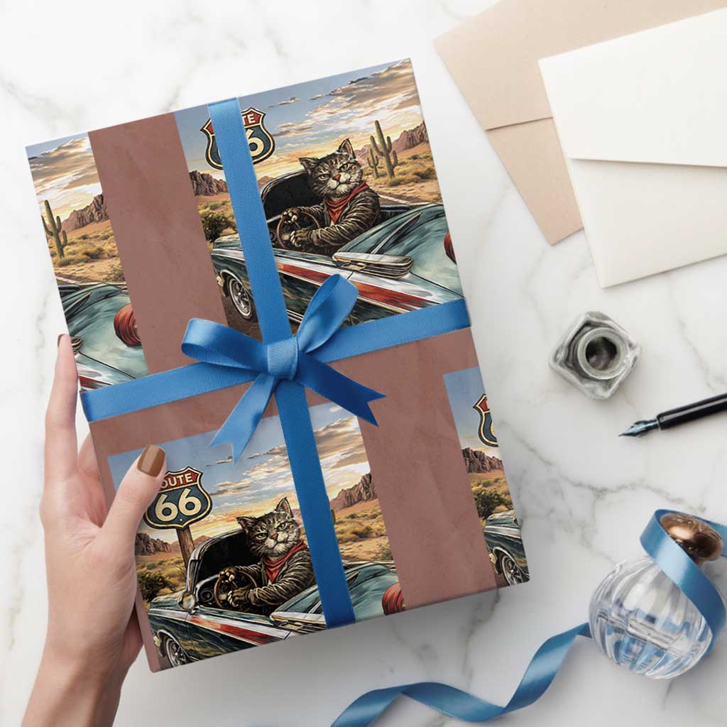 Funny Route Highway 66 Cat Lover Wrapping Paper Roll Mother Road Travel Gift