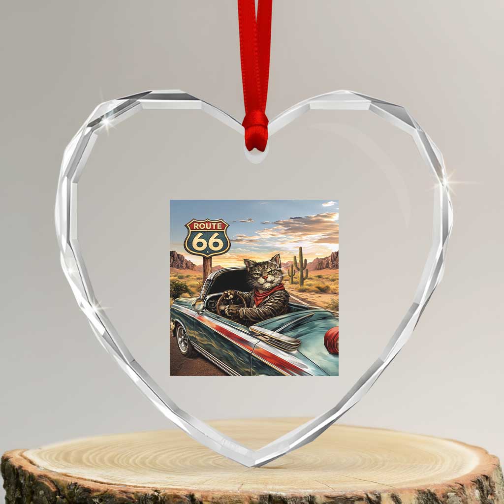 Funny Route Highway 66 Cat Lover Heart Crystal Glass Ornament Mother Road Travel Gift