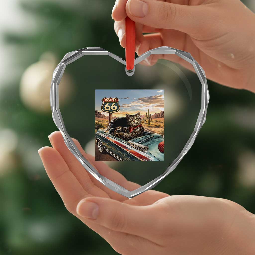 Funny Route Highway 66 Cat Lover Heart Crystal Glass Ornament Mother Road Travel Gift
