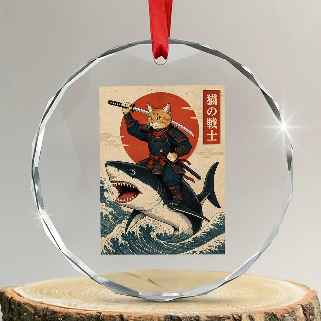 Funny Samurai Cat Riding Shark Crystal Glass Ornament Vintage Japanese Ukiyoe
