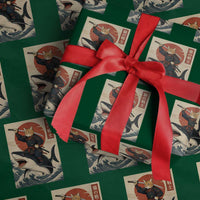 Funny Samurai Cat Riding Shark Wrapping Paper Roll Vintage Japanese Ukiyoe