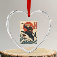 Funny Samurai Cat Riding Shark Heart Crystal Glass Ornament Vintage Japanese Ukiyoe