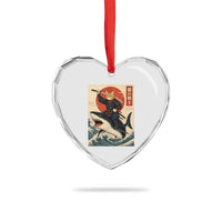 Funny Samurai Cat Riding Shark Heart Crystal Glass Ornament Vintage Japanese Ukiyoe
