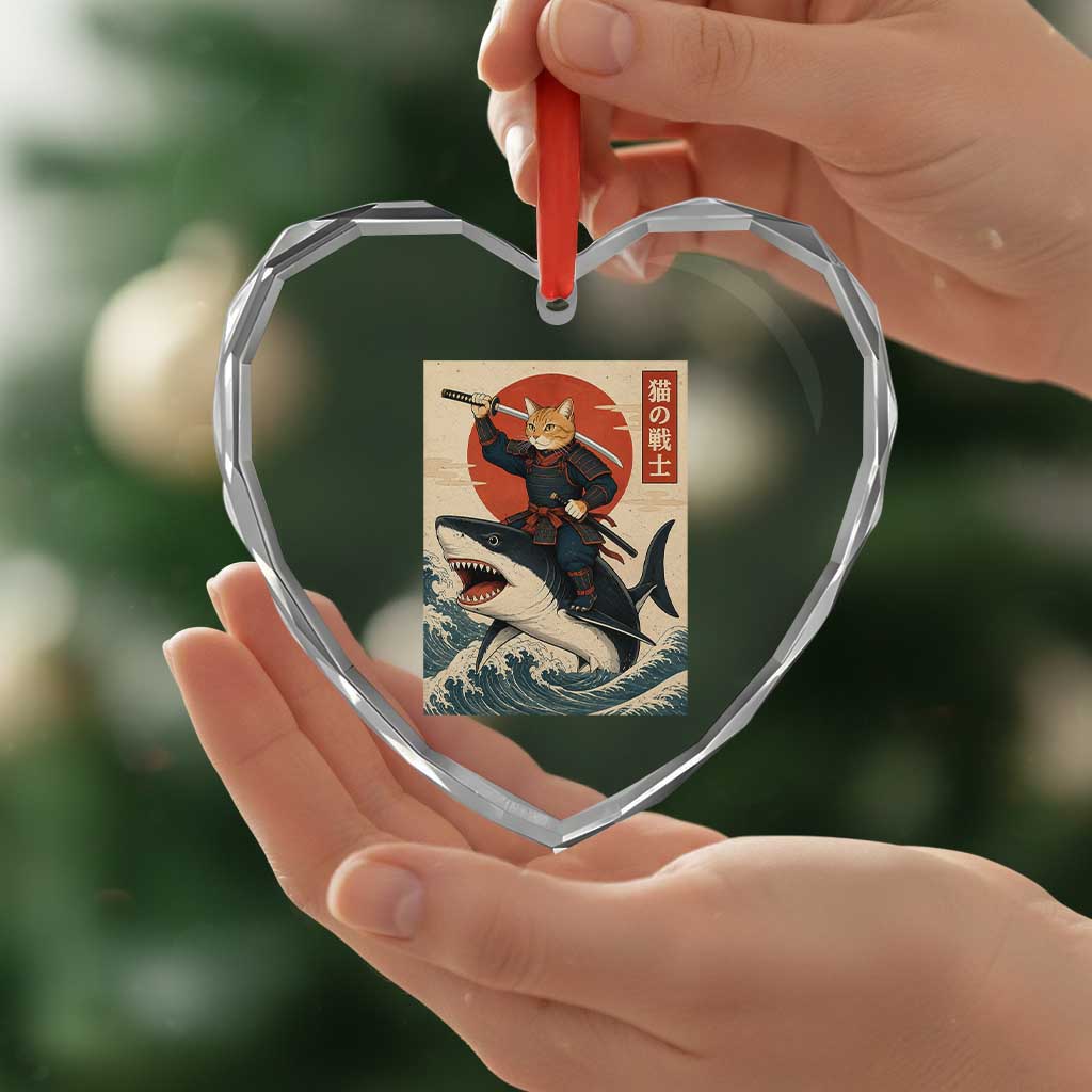 Funny Samurai Cat Riding Shark Heart Crystal Glass Ornament Vintage Japanese Ukiyoe