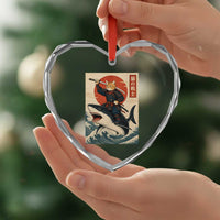 Funny Samurai Cat Riding Shark Heart Crystal Glass Ornament Vintage Japanese Ukiyoe