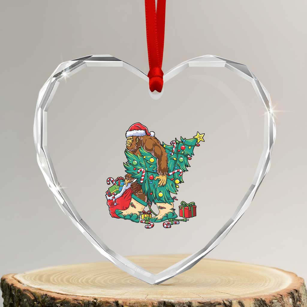 Funny Santa Bigfoot Xmas Tree Heart Crystal Glass Ornament - Wonder Print Shop