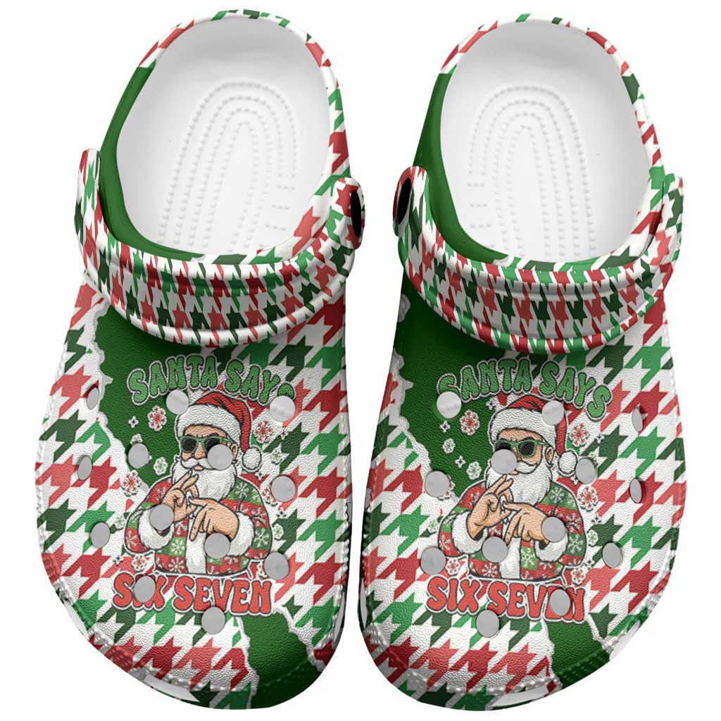 Funny Santa Claus Says Six Seven Clogs Shoes Christmas Houndstooth Pattern - Wonder Print Shop