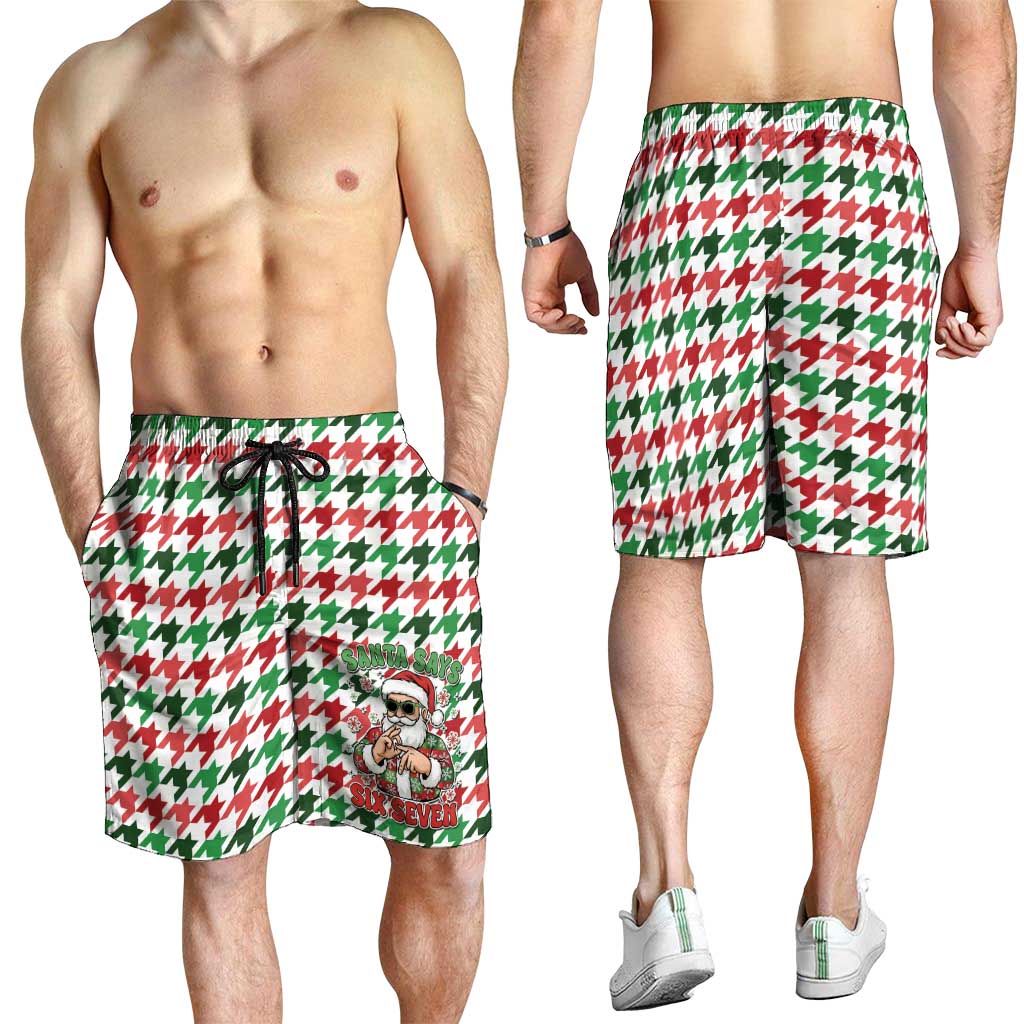 Funny Santa Claus Says Six Seven Shorts for Men Christmas Houndstooth Pattern - Wonder Print Shop