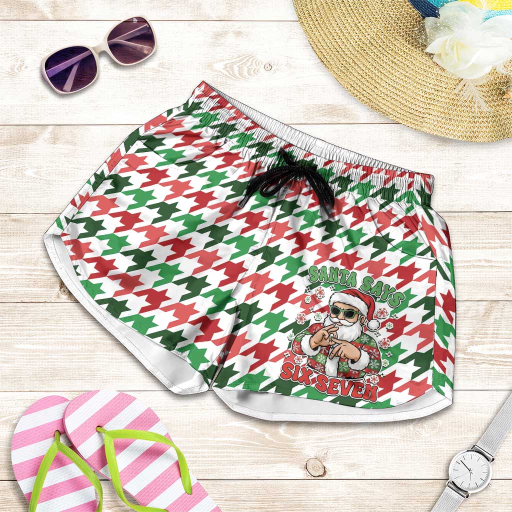 Funny Santa Claus Says Six Seven Shorts for Women Christmas Houndstooth Pattern - Wonder Print Shop