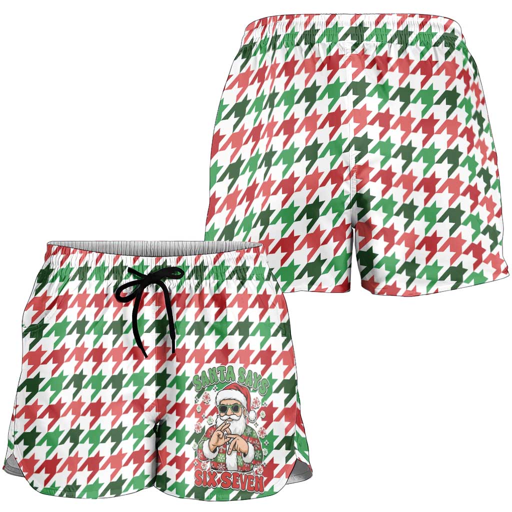 Funny Santa Claus Says Six Seven Shorts for Women Christmas Houndstooth Pattern - Wonder Print Shop