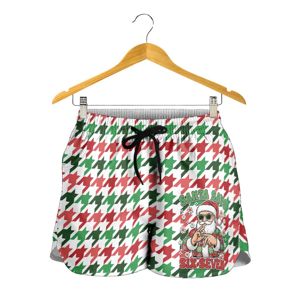 Funny Santa Claus Says Six Seven Shorts for Women Christmas Houndstooth Pattern - Wonder Print Shop