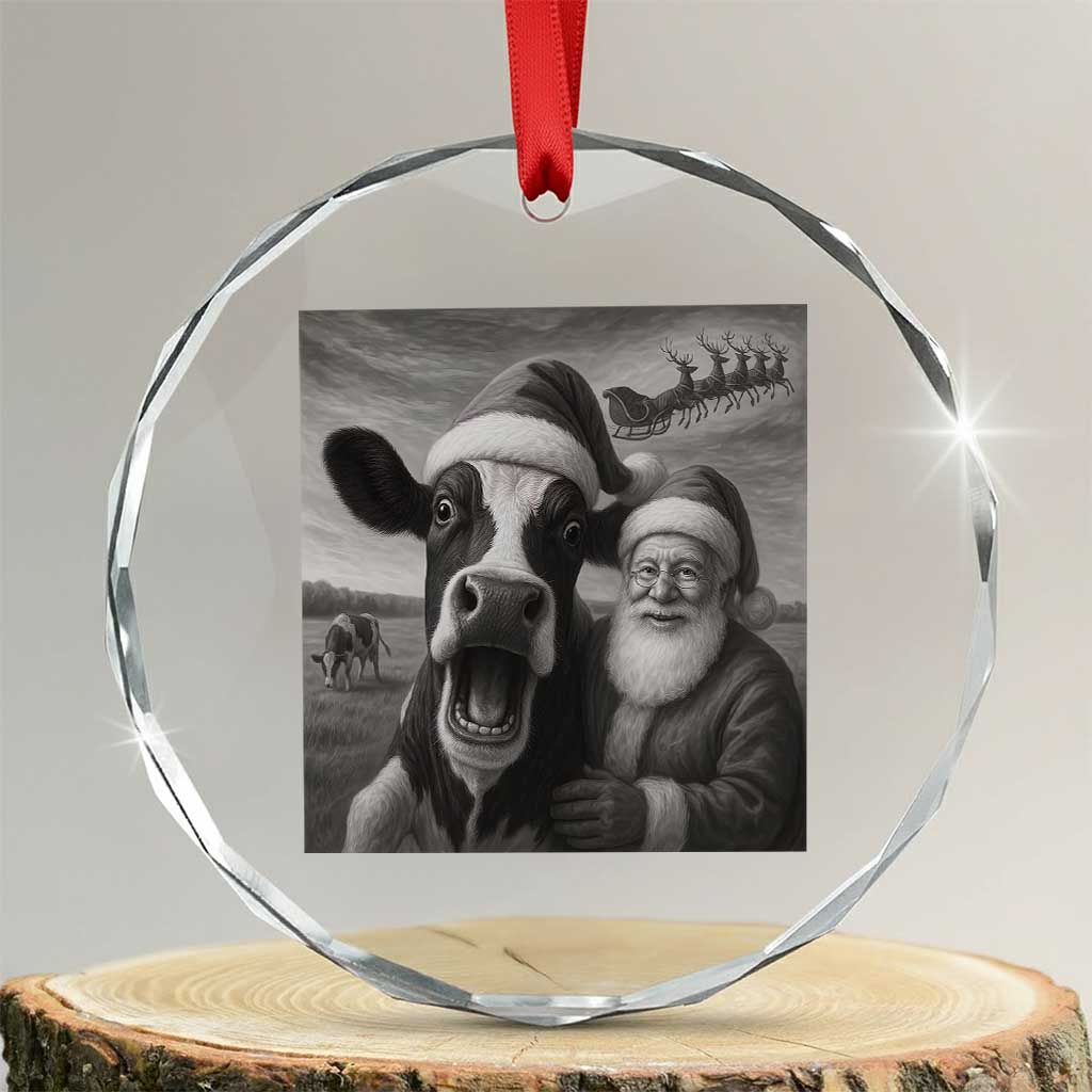 Funny Santa Selfie with Cow Christmas Crystal Glass Ornament - Wonder Print Shop