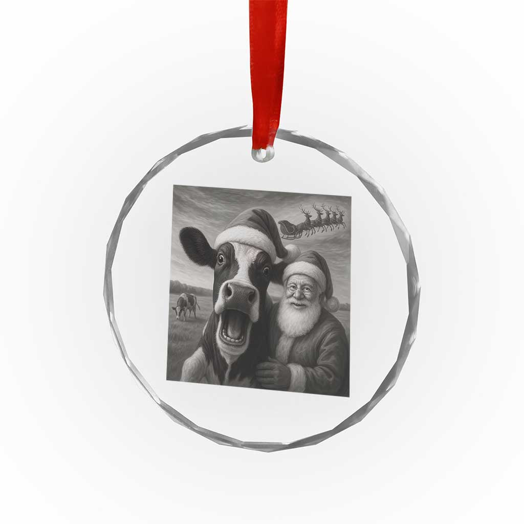 Funny Santa Selfie with Cow Christmas Crystal Glass Ornament - Wonder Print Shop