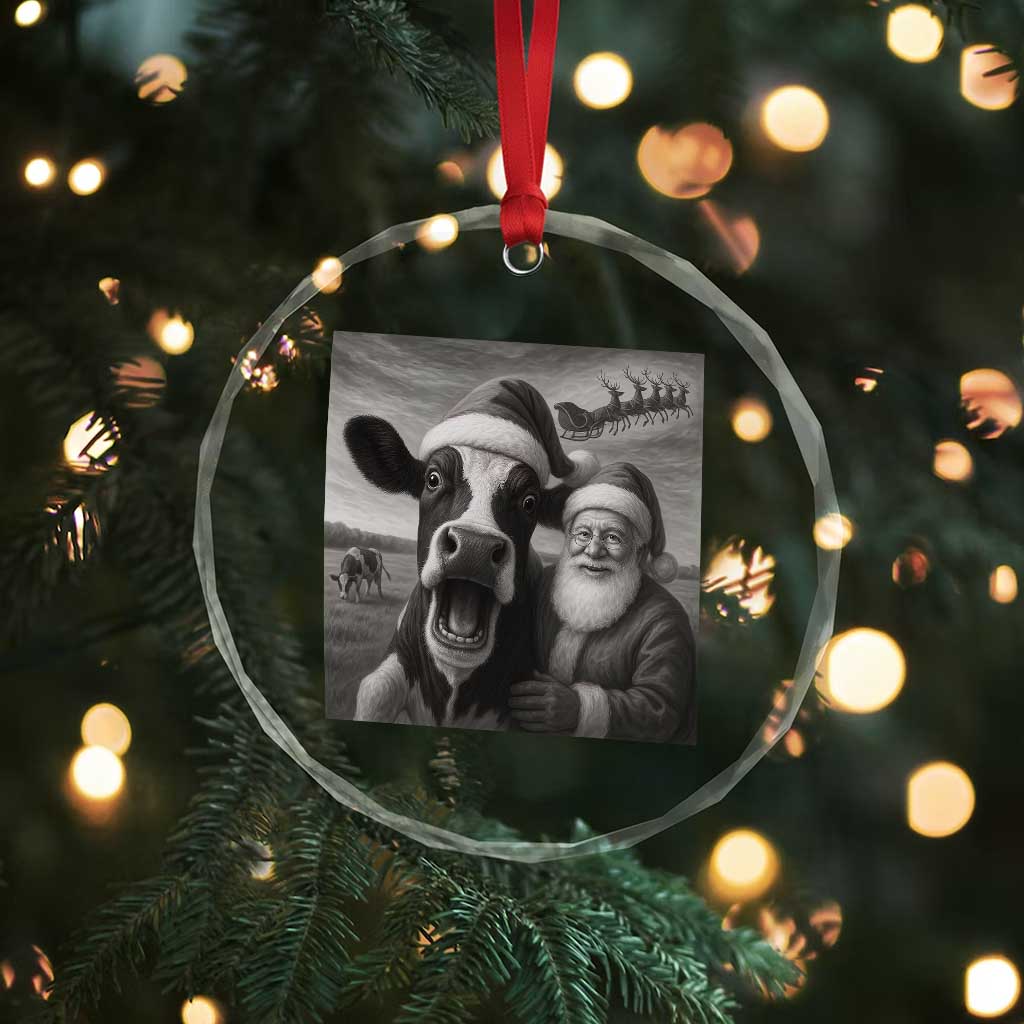 Funny Santa Selfie with Cow Christmas Crystal Glass Ornament - Wonder Print Shop