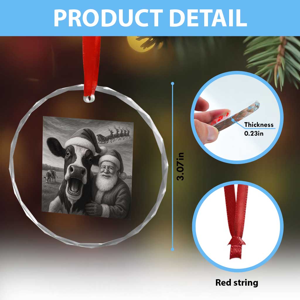 Funny Santa Selfie with Cow Christmas Crystal Glass Ornament - Wonder Print Shop